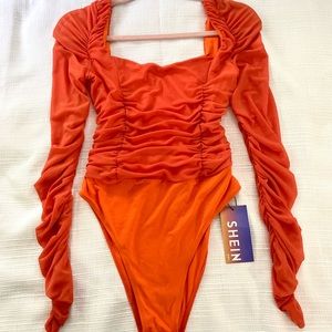 Mesh Panel Ruched Bodysuit
